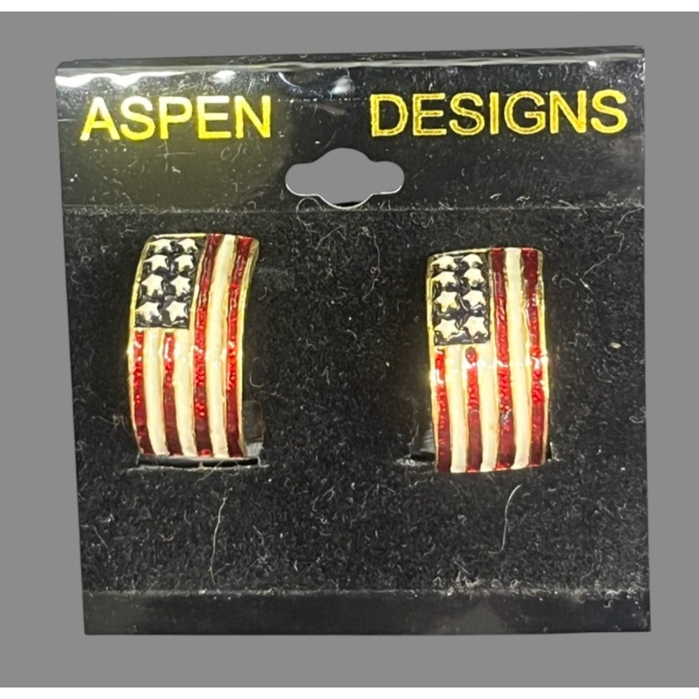 Vintage Clip-On Earrings AMERICA US FLAG Enamel Half-Hoop Red/White/Blue/Gold